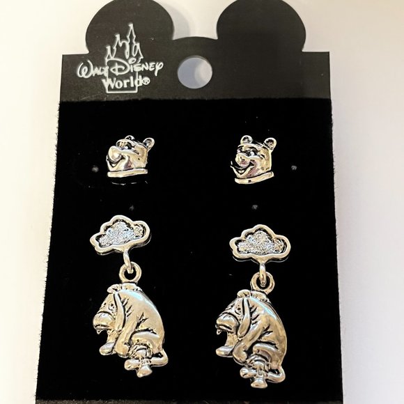 2 Vintage Disney Winnie the Pooh Eeyore Earrings Post Pierced Disneyana Silver - Picture 1 of 10